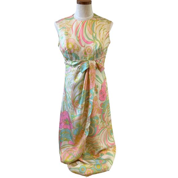 Vintage 60s silk Hawaiian mod print maxi dress - Picture 1 of 13